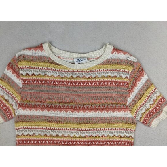 AMERICAN COLLECTION - WOMEN'S CORAL ORANGE STRIPED SHORT SLEEVE PULLOVER SWEATER - Picture 5 of 12